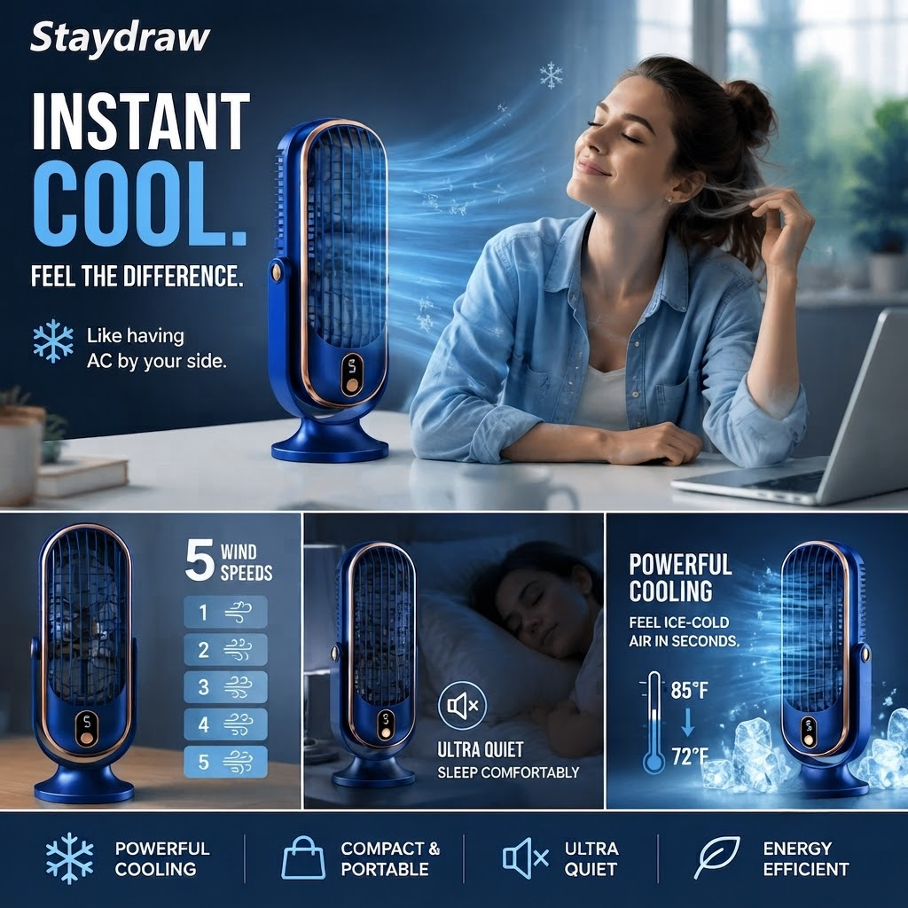 𝐬𝐭𝐚𝐲𝐝𝐫𝐚𝐰™ Portable Desktop Air Conditioner Fan with 5 Wind Speed